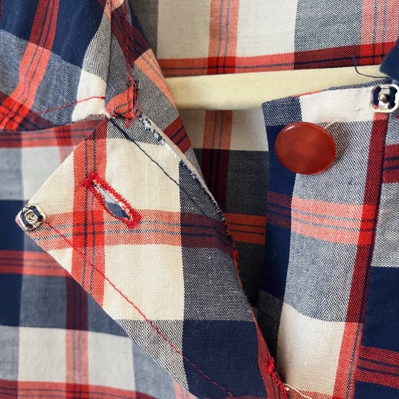 Vintage 60’s Blue Orange Plaid Sleeveless Button Down Shift House Dress - Picture 6 of 11